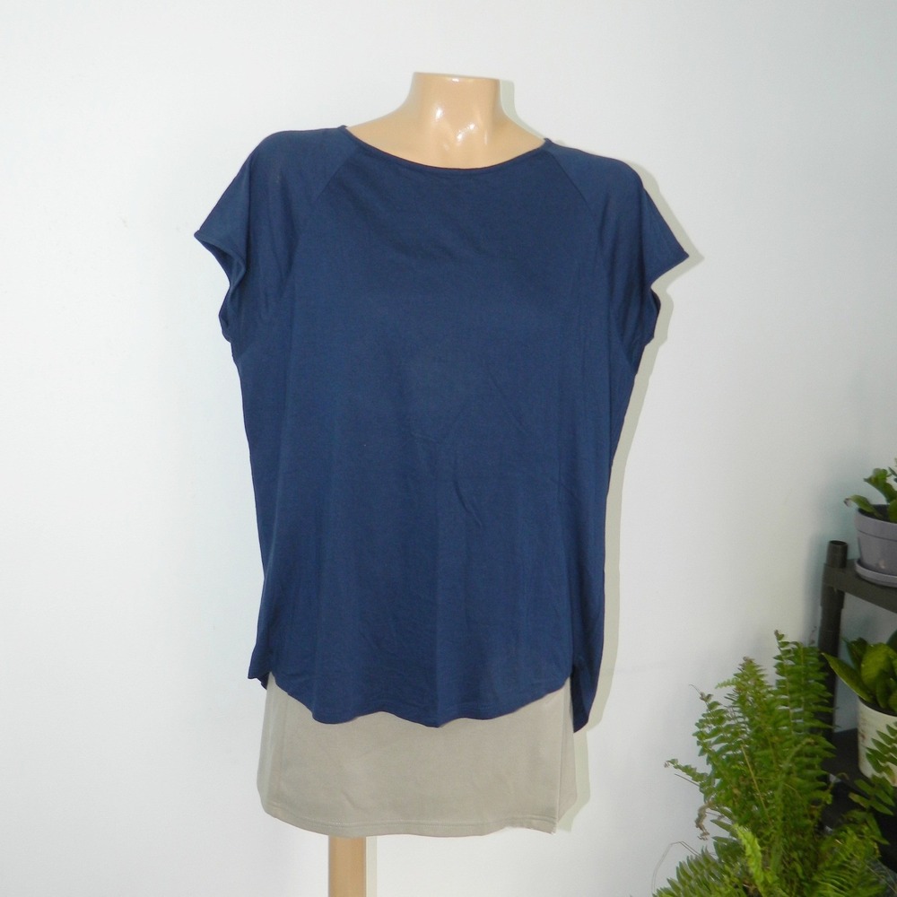 Lilla P Wedge Tee Womens Medium Navy Blue Pima Cotton Raglan Pleated Back